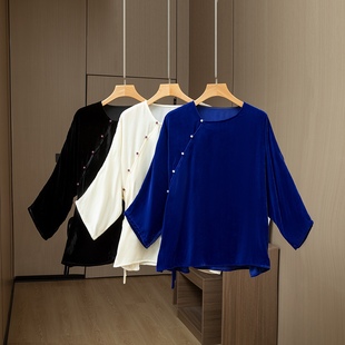 真丝丝绒中式上衣女圆领偏襟百搭款复古九分蝙蝠袖毛衫国风衬衫