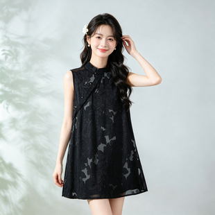 黑色立体真丝剪花绡长款奥黛服新中式立领无袖半透视衬衫长款背心