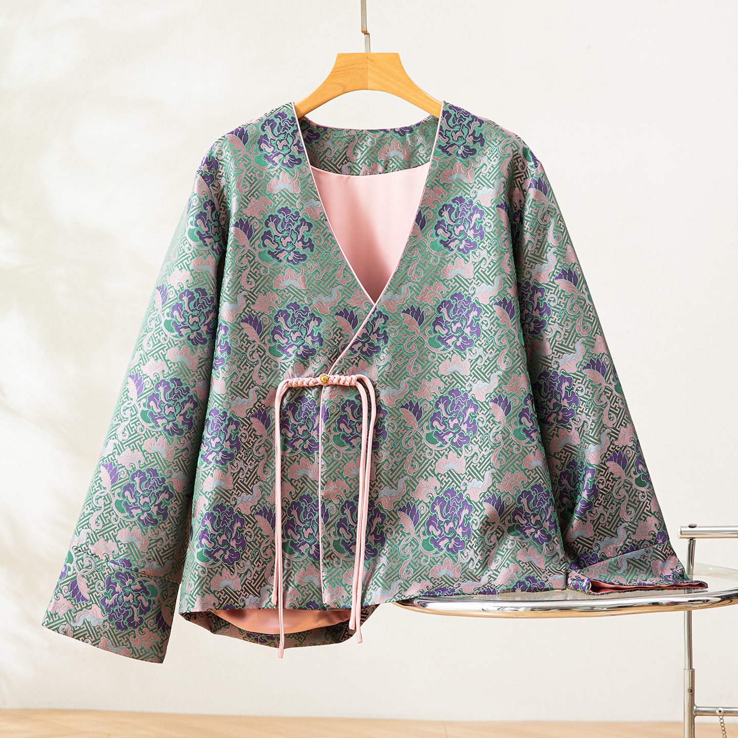 明星同款～万寿牡丹真丝桑蚕丝宋锦斜襟V领新中式国风女外套上衣