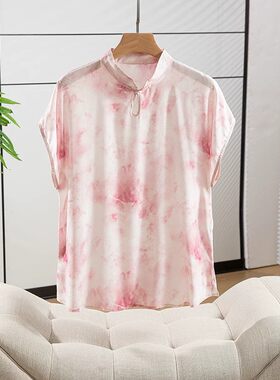 潮牌复古真丝双绉扎染印花中式改良旗袍衬衫女短袖百搭国风上衣