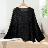 小衫 超显瘦 黑色真丝剪花销圆领上衣桑蚕丝休闲透气凉爽舒适长袖