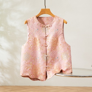 三马家凤凰宝相～真丝桑蚕丝宋锦对襟马甲圆领国风女背心外穿上衣