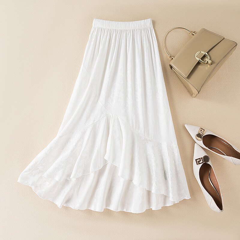 真丝双面提花缎面不规则荷叶边松紧腰大摆裙鱼尾半身裙白色