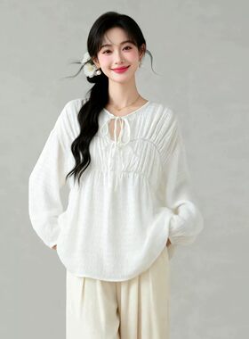 浪漫法式褶皱肌理设计真丝泡泡绉衬衫圆领宽松女夏季灯笼袖上衣