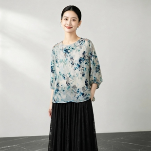 温婉优雅织金真丝烂花丝绒蝙蝠袖T恤圆领灯笼七分袖桑蚕丝小衫