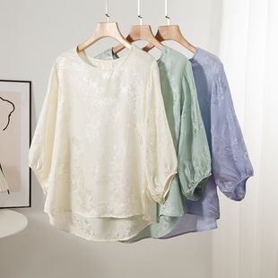 简与雅少量真丝提花鬼绉圆领七分袖上衣女国风气质宽松桑蚕丝衬衣