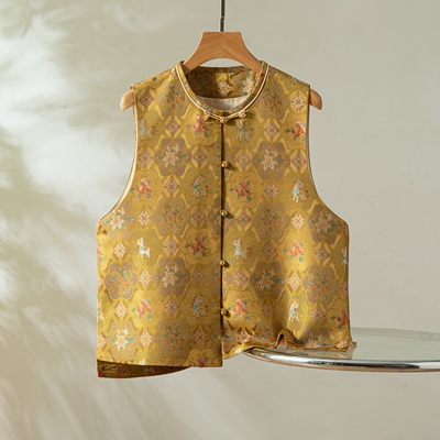 花开福马～真丝桑蚕丝宋锦对襟马甲圆领新中式国风女背心外穿上衣