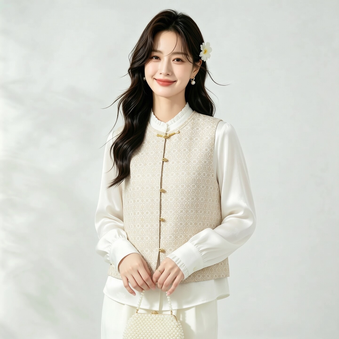 白定胜纹～真丝桑蚕丝宋锦对襟马甲圆领新中式国风女背心外穿上衣图片