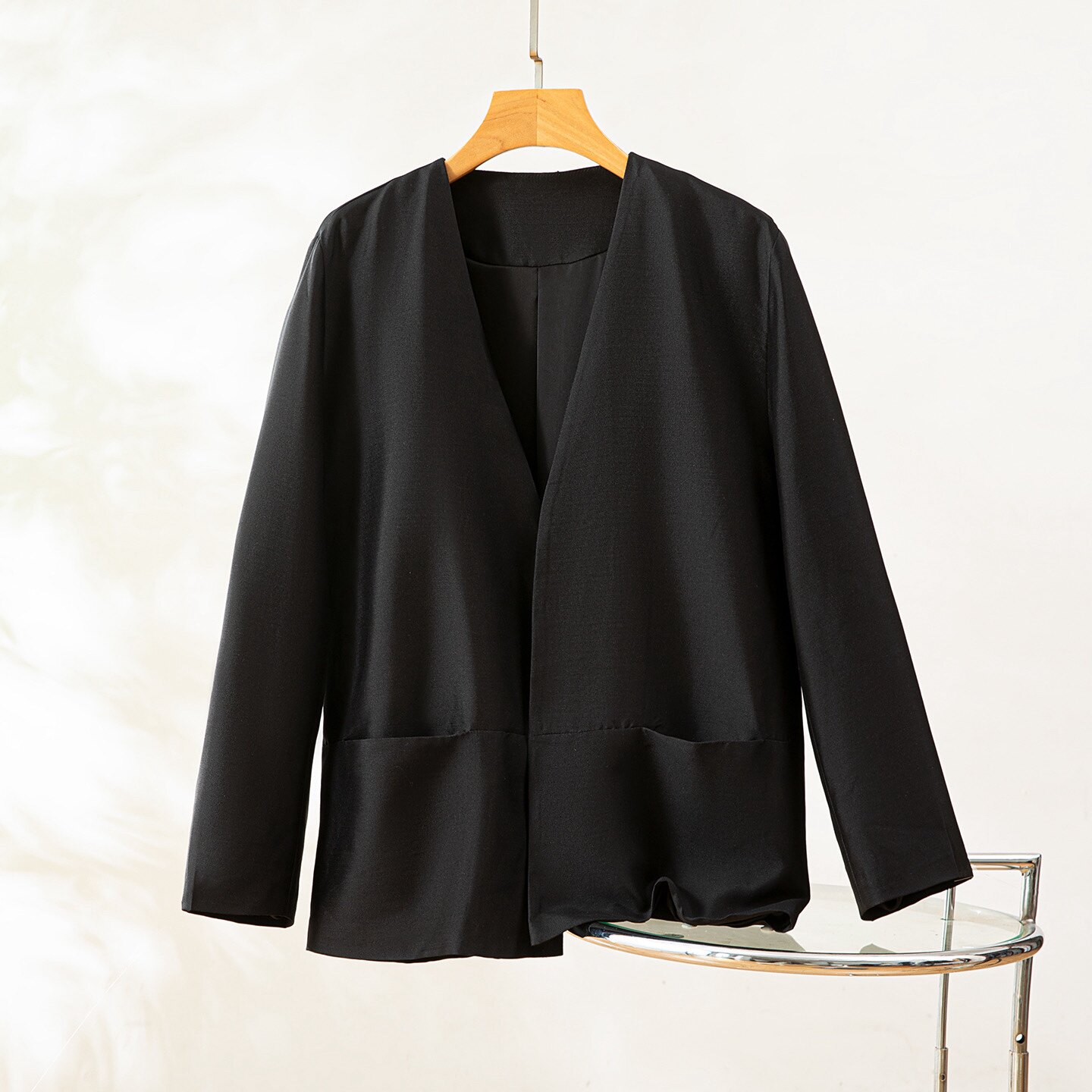 新款真丝丝羊毛无领西装外套女时尚气质百搭休闲西服口袋上衣