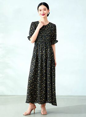 夏季新款圆领高腰印花连衣裙优雅名媛风真丝双绉短袖碎花A字裙