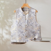 熊猫抱竹～真丝桑蚕丝宋锦对襟马甲圆领新中式 国风女背心外穿上衣