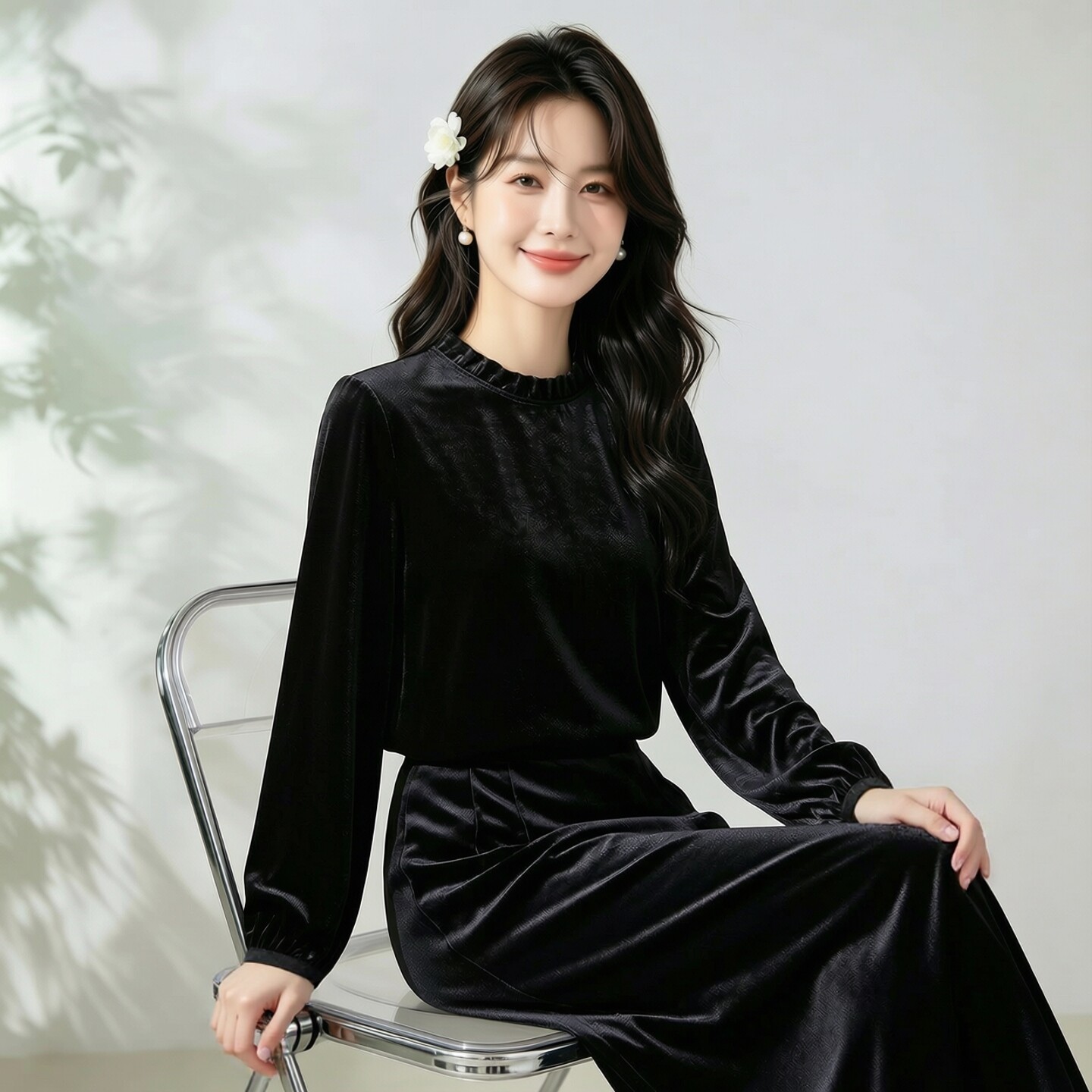 真丝桑蚕丝丝绒衬衫女士长袖洋气减龄木耳领桑蚕丝百搭灯笼上衣