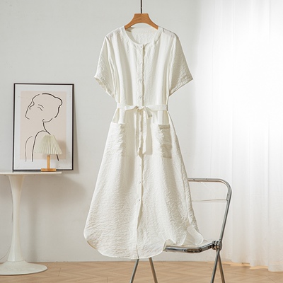气质极简风~真丝桑蚕丝干丝 高端纯色简约短袖连衣裙收腰百搭款