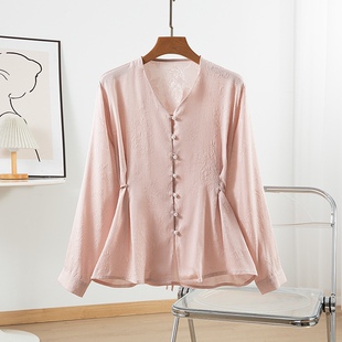 真丝桑蚕丝全萝提花衬衫女V领收腰上衣宽松显瘦百搭女神衬衣