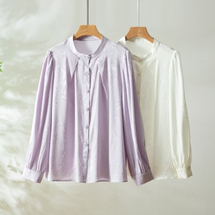 女宽松长袖 夏季 冠乐绉全萝国风立领真丝衬衫 衬衫 上衣 也可穿