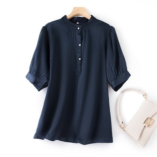 新款 泡泡袖 桑蚕丝短袖 真丝珍珠缎气质套头女装 衬衫 清仓夏季