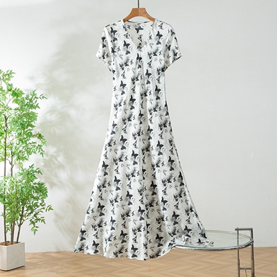 穿出蜂腰细腿 真丝双绉显瘦V领修身收腰连衣裙短袖气质长裙女夏