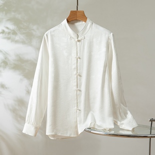 通勤桑蚕丝上衣 女长袖 30姆米海水江崖纹真丝提花重缎新中式 衬衫