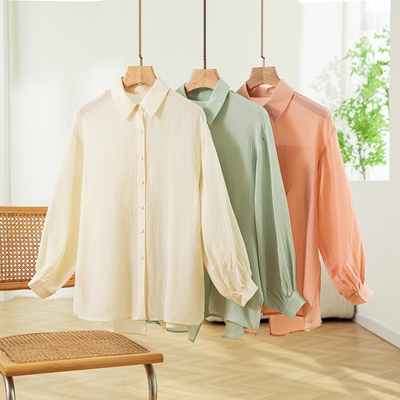 桑蚕丝泡泡绉长袖衬衫女独特法式通勤气质百搭衬衣显瘦飘逸防晒衣