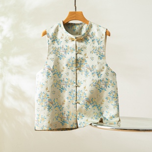 三马家桂花鹦鹉～真丝桑蚕丝宋锦对襟马甲圆领国风女背心外穿上衣