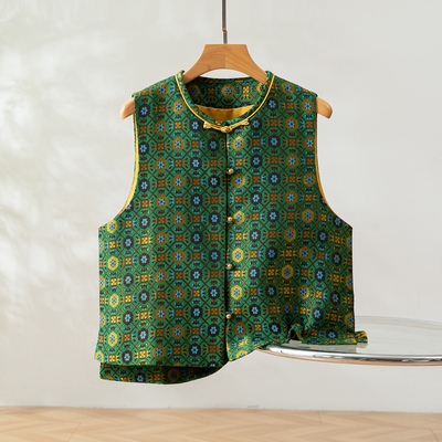 绿四达～真丝桑蚕丝宋锦对襟马甲圆领新中式国风女背心外穿上衣