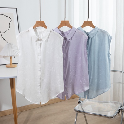 轻柔凉爽飘～真丝透孔绞萝双面穿宽肩衬衫短袖娃娃百搭桑蚕丝开衫