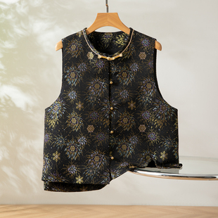 烟花绽放~真丝桑蚕丝宋锦对襟马甲圆领新中式国风女背心外穿上衣