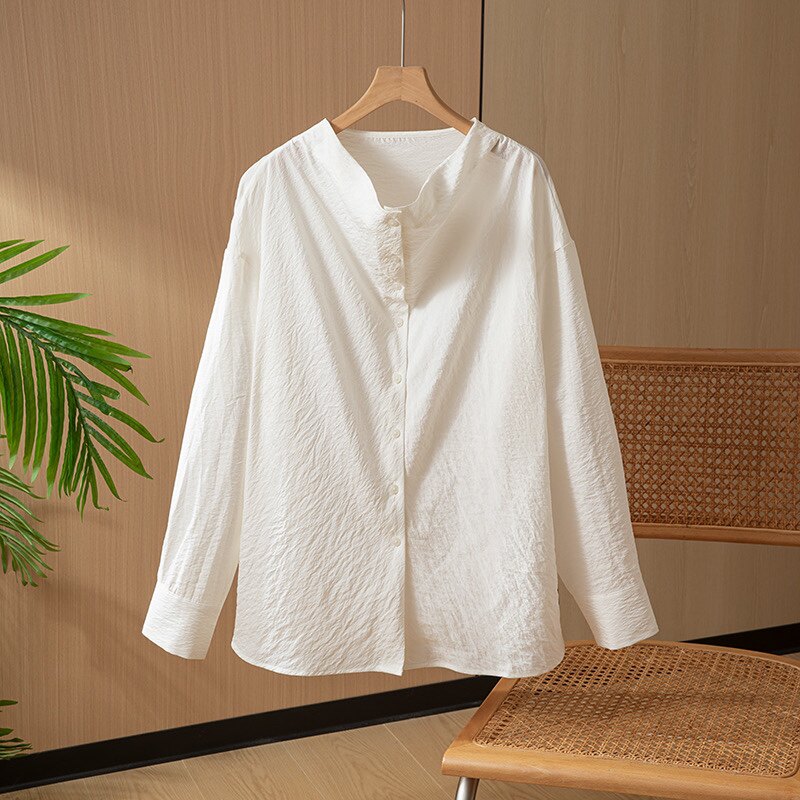 微皱肌理感桑蚕丝真丝干丝凉感荡领衬衫落肩长袖宽松衬衣