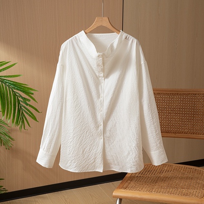 微皱肌理感桑蚕丝真丝干丝凉感荡领衬衫落肩长袖宽松衬衣