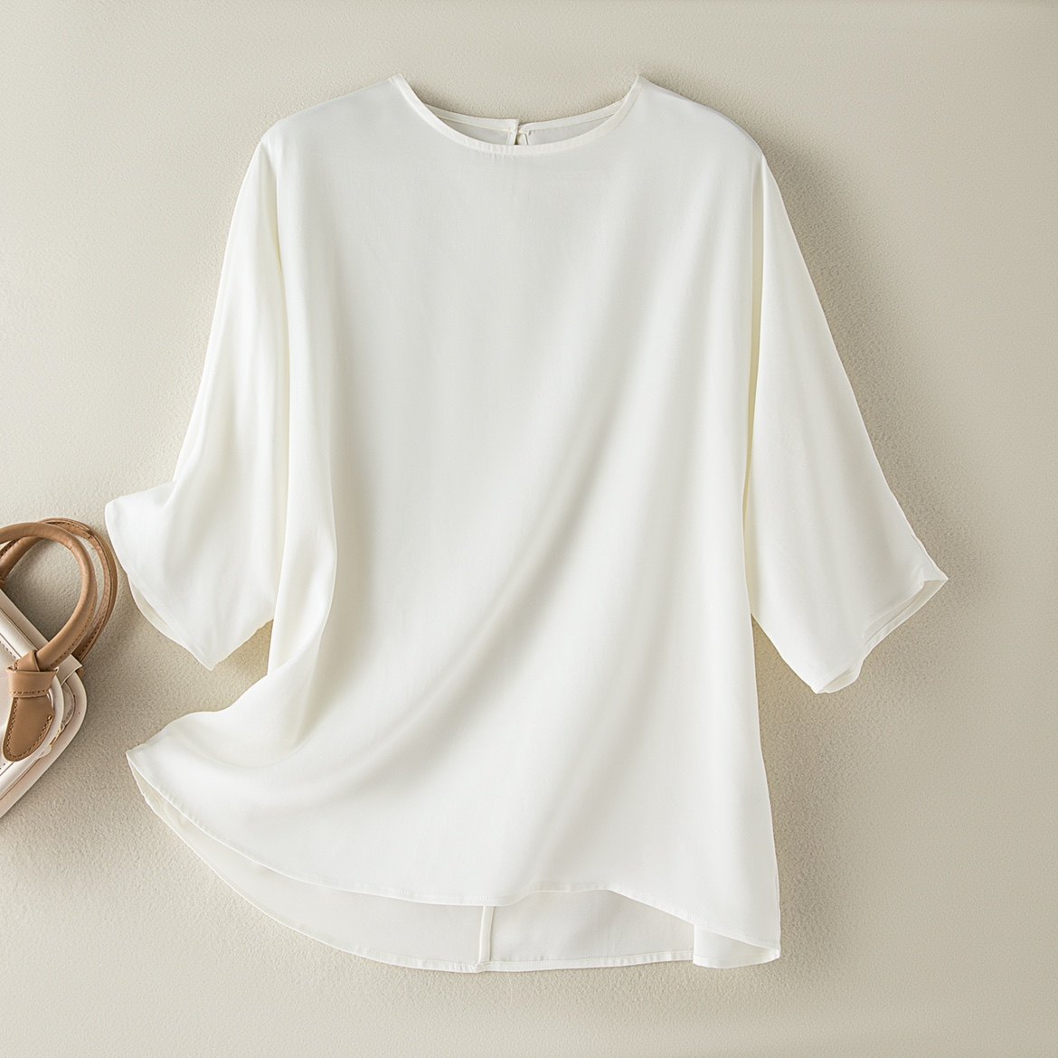 白色高级弹力真丝双乔蝙蝠衫桑蚕丝七分袖显瘦百搭气质高雅淑女型