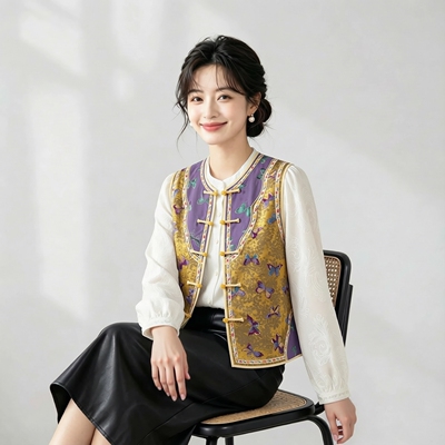 真丝桑蚕丝蜀锦云肩对襟马甲圆领新中式国风女背心外穿上衣