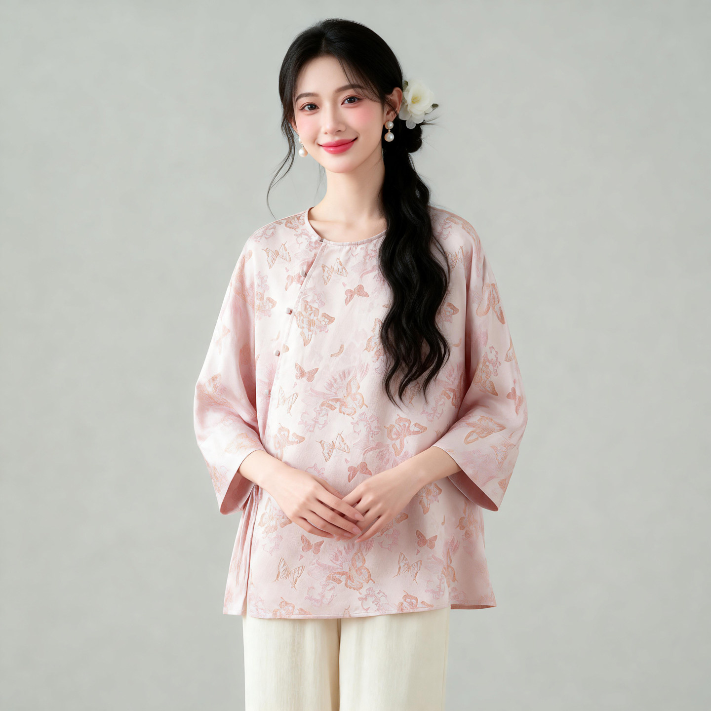 清婉古雅！新中式上衣~真丝彩金提花缎宽松斜襟系带七分袖毛衫女