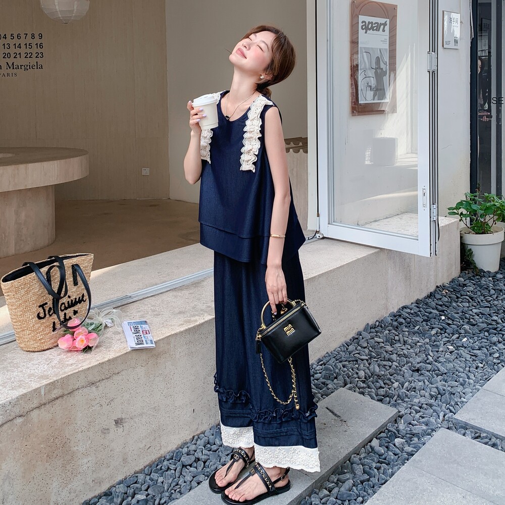 【现货】数据好！套装蕾丝拼接上衣＋阔腿裤B208-9025-P155K218,女装运动套装,浙宝208