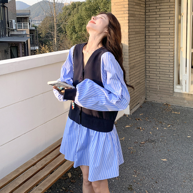 【现货】蓝色条纹马甲假两件连衣裙B208-9008-P145K208,女装连衣裙,浙宝208