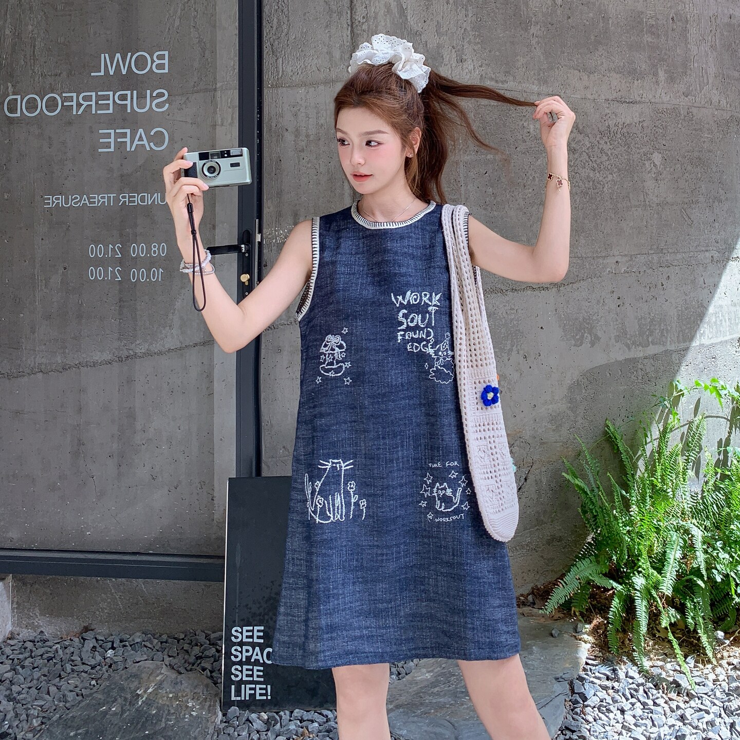 【现货】棉麻仿牛仔小猫刺绣A字连衣裙B208-9061-P135K198,女装连衣裙,浙宝208