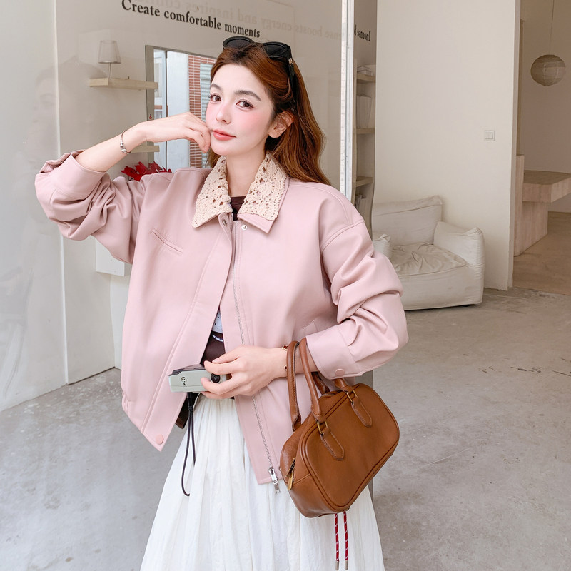 【新款】可拆卸钩花领粉色皮衣外套B208-268001-P160K279,女装短外套,浙宝208