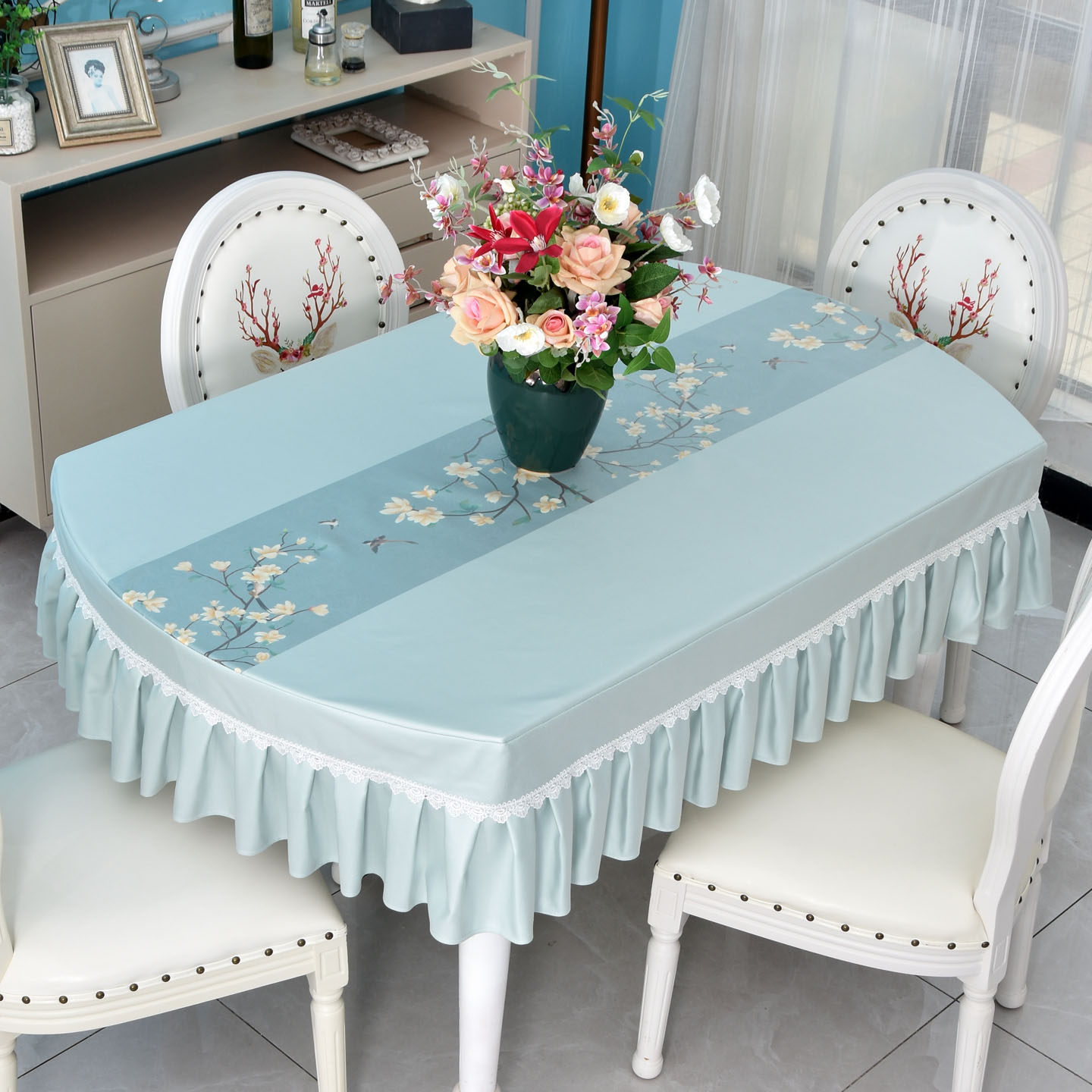 防水田园碎花椭圆形餐桌布荷叶边防尘罩家用布艺台布台裙方桌定制