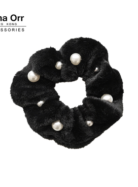 Anna Orr品牌发饰复古天鹅绒气质高亮仿珍珠钉珠黑色头花发圈皮筋