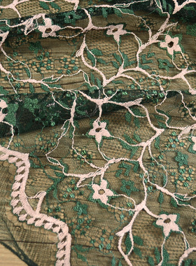 高品质淡粉刺绣花镂空绿色蕾丝布料 透明柔软 连衣裙上衣装饰面料