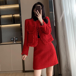 法式小香风毛呢套装裙女2023秋季新款粗花呢流苏外套半身裙两件套
