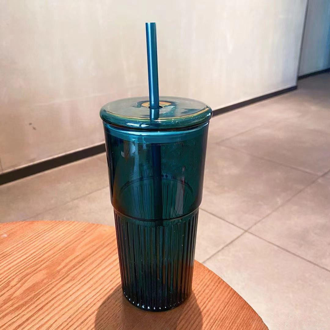 墨绿玻璃吸管杯玻璃水杯咖啡杯男女礼品杯耐热成人吸管杯创意杯