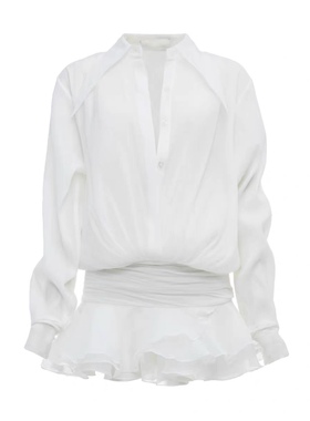 秋冬性感浪漫V领修身显瘦荷叶边白色慵懒dat*衬衫连衣裙