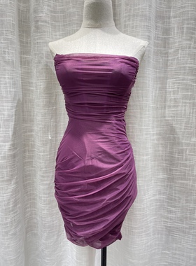 wop 2023早春新款修身百搭英国小众品牌 紫色抹胸鱼骨连衣裙