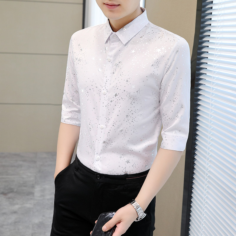 夏季冰丝七分袖衬衫男装修身帅气半袖网红短袖白色寸衫痞帅上衣服