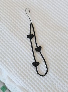 新款Rose朴彩英同款手机链挂绳简约黑色爱心串珠短款手腕手机挂件