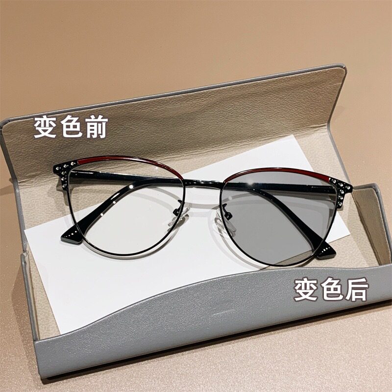 新款复古金属眉毛点钻感光变色防蓝光眼镜时尚个性素颜百搭近视镜