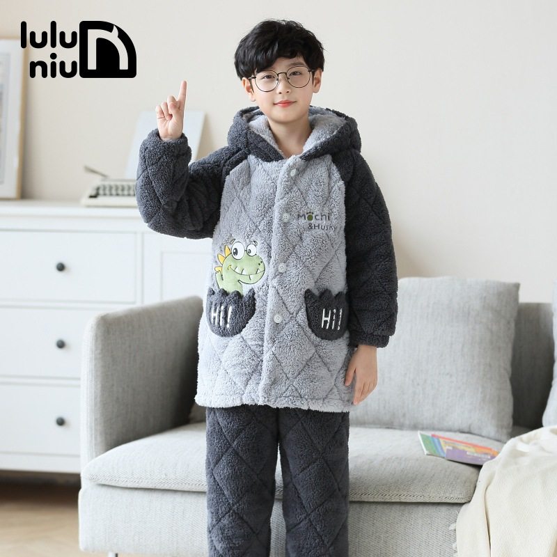 冬季儿童睡衣男孩珊瑚绒三层夹棉中长款加厚大童男童法兰绒家居服