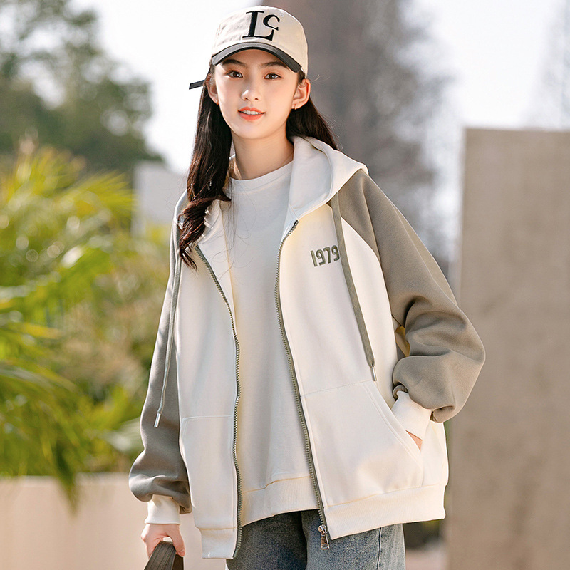 少女中学生春秋装卫衣时尚新款撞色拼接外套开衫连帽上衣加绒卫衣