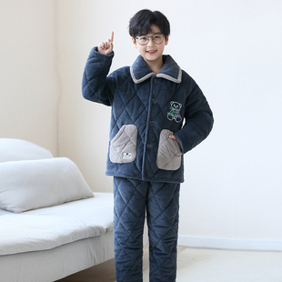 噜噜牛冬季儿童睡衣男孩法兰绒夹棉三层加厚加绒中大童男童夹棉袄