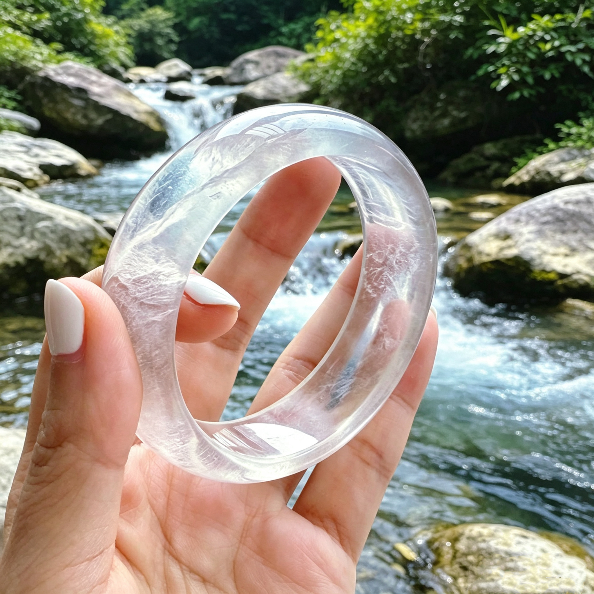 喜马拉雅天然白水晶加宽手镯宽版镯子高冰玉髓内径56圈口白月光